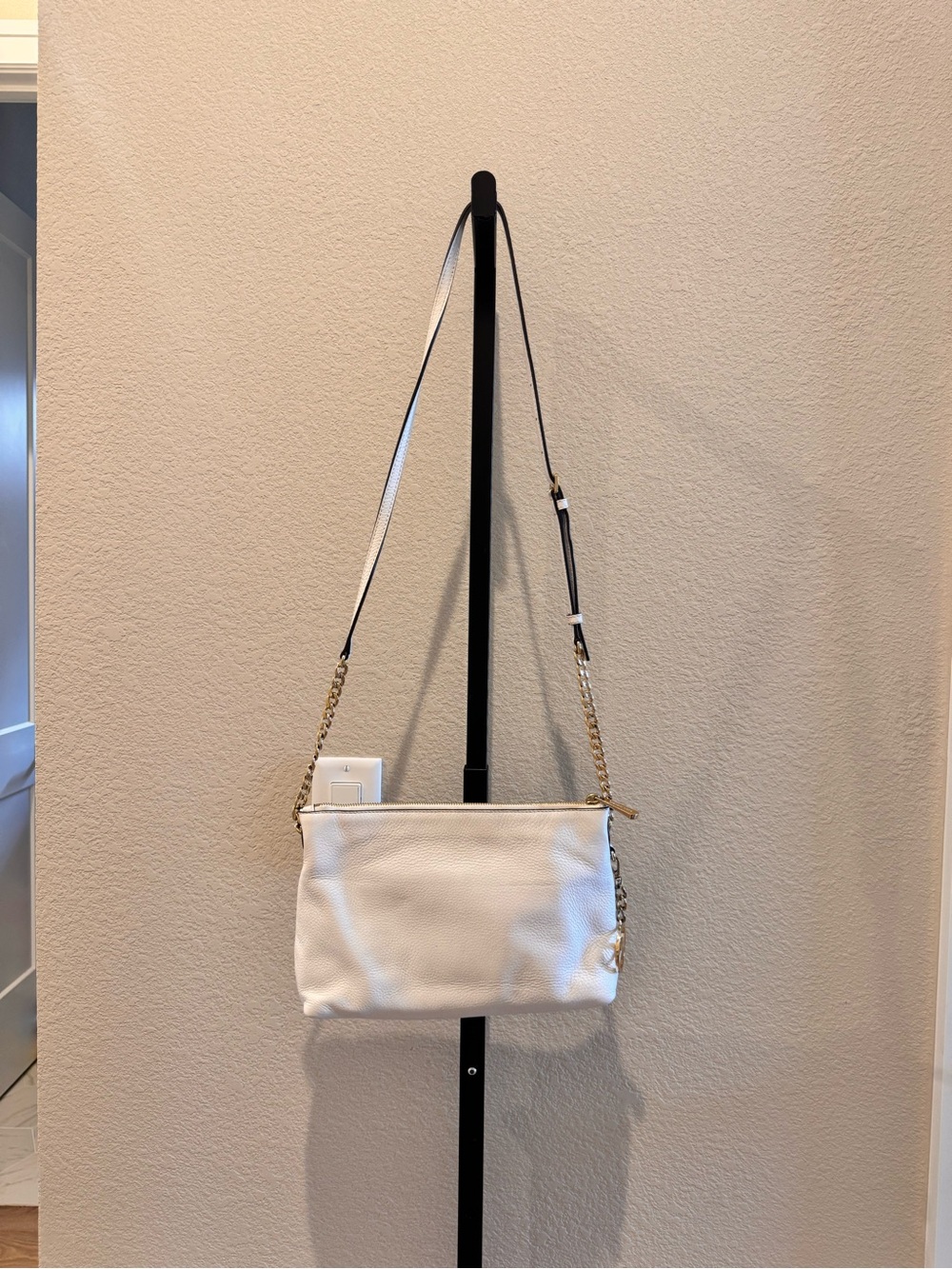 Michael Kors White Leather Crossbody with Gold Tone Chain Strap